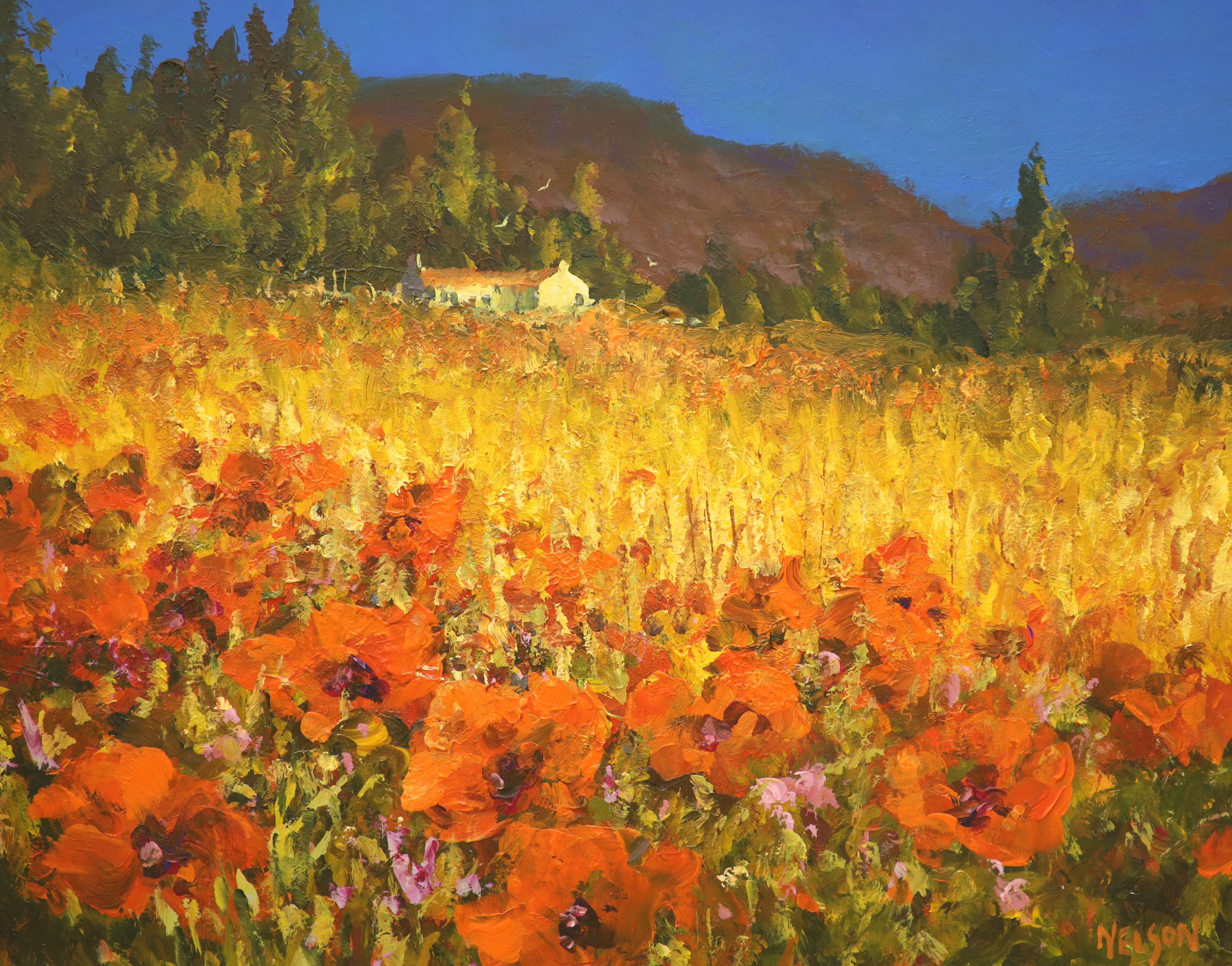 Allan Nelson, acrylic on board, 'Poppy Scene', signed, with COA, 40 x 50cm